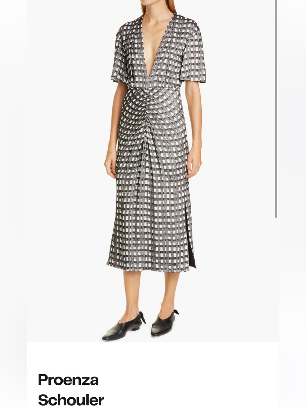 Proenza Schouler Black and White Checked V-Neck Midi Dress